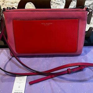 Tory Burch Color Block Leather Clutch/Crossbody Bright Azalea Pink